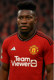 André Onana, Manchester United goalkeeper, wearing the club’s red home jersey during a Premier League match