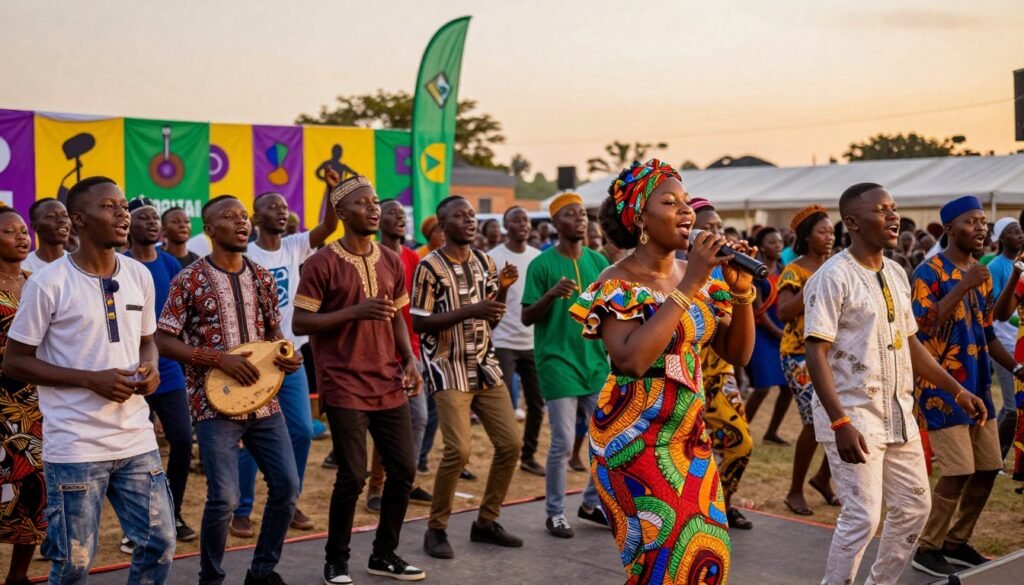 A vibrant Nigerian music talent showcase in a lively outdoor setting, featuring a diverse group of young singers performing on a small stage. In the foreground, a confident female vocalist in a colorful, elegant dress captures the audience's attention, while a group of musicians play traditional instruments beside her. The middle ground showcases an enthusiastic audience dressed in modest casual attire, dancing and singing along, with their expressions reflecting joy and excitement. In the background, colorful banners display iconic Nigerian music symbols, and the warm evening sky is lit with soft, golden hour lighting, creating an uplifting atmosphere. Capture this scene from a slightly elevated angle to emphasize the energy and engagement of the crowd.