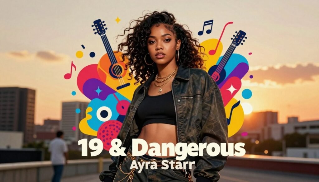 A vibrant and dynamic scene that captures the essence of Ayra Starr's "19 & Dangerous" album era. In the foreground, a confident young woman, dressed in stylish yet modest urban fashion, embodies the spirit of youth and creativity. Her expression is fierce and determined, with striking makeup and expressive hair that reflects her individuality. In the middle ground, a colorful abstract representation of musical elements—notes, instruments, and vibrant shapes—surrounds her, symbolizing her artistic journey. The background features a cityscape at sunset, bathed in golden light, adding a sense of warmth and optimism. The atmosphere is energetic and empowering, showcasing the essence of self-discovery and empowerment. The image is captured from a slightly low angle to emphasize her presence, with soft bokeh lighting to give depth.