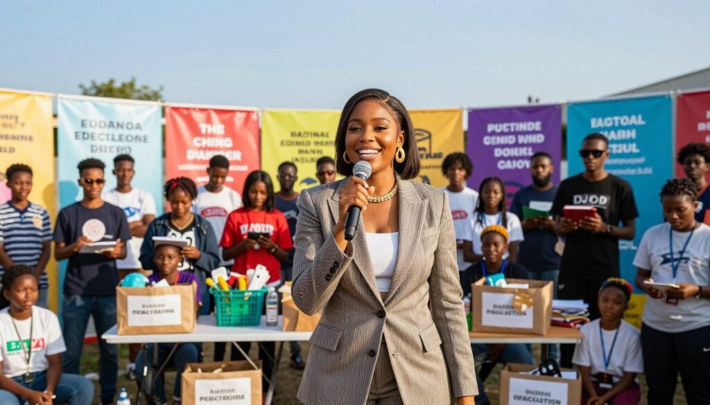 A vibrant and empowering scene depicting Ayra Starr engaging in philanthropy and social advocacy. In the foreground, Ayra, dressed in a stylish yet professional outfit, stands confidently with a warm smile, holding a microphone as she addresses a group of diverse young people. The middle layer features a lively community event, with people actively participating in various charitable activities, such as donating supplies and engaging in discussions. In the background, colorful banners promote social causes like education and mental health awareness, set against a sunny, clear sky that symbolizes hope. The lighting is bright and uplifting, captured from a slightly elevated angle to emphasize the positive atmosphere and sense of community involvement. The mood is inspiring and optimistic, reflecting Ayra's commitment to making a difference.