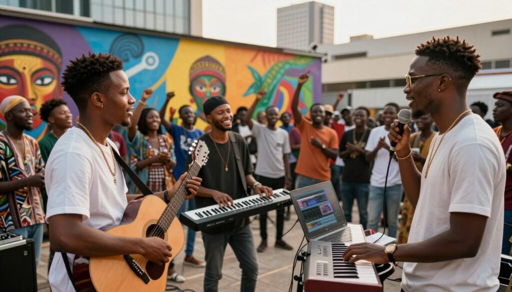 A vibrant scene depicting a gathering of diverse, emerging Nigerian musicians in a modern urban setting. In the foreground, three young artists are passionately discussing their music, dressed in stylish, modest casual clothing. One holds a guitar, another plays a keyboard, and the third is showcasing a digital audio workstation on a laptop. The middle ground features a small audience of enthusiastic fans, celebrating and enjoying the lively atmosphere. The background showcases colorful murals representing Nigerian culture and creativity, with a hint of city skyscrapers. The lighting is warm and inviting, simulating a late afternoon glow, giving the image a hopeful and inspiring mood. The composition should have a dynamic angle, capturing the energy and connection among the artists and their supporters, emphasizing the new wave of Nigerian talent in the music scene. A vibrant scene depicting a gathering of diverse, emerging Nigerian musicians in a modern urban setting. In the foreground, three young artists are passionately discussing their music, dressed in stylish, modest casual clothing. One holds a guitar, another plays a keyboard, and the third is showcasing a digital audio workstation on a laptop. The middle ground features a small audience of enthusiastic fans, celebrating and enjoying the lively atmosphere. The background showcases colorful murals representing Nigerian culture and creativity, with a hint of city skyscrapers. The lighting is warm and inviting, simulating a late afternoon glow, giving the image a hopeful and inspiring mood. The composition should have a dynamic angle, capturing the energy and connection among the artists and their supporters, emphasizing the new wave of Nigerian talent in the music scene.