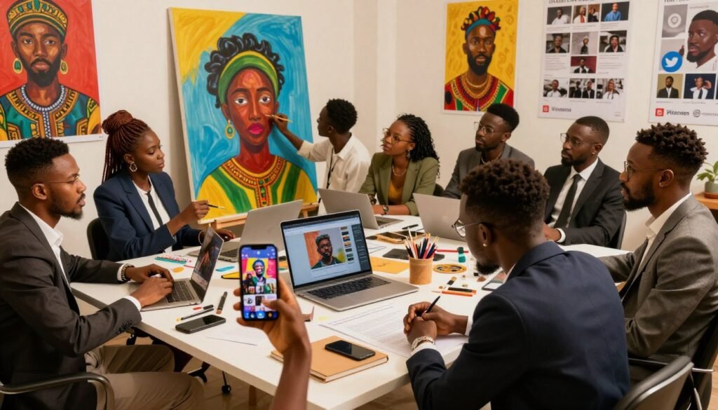 A vibrant scene depicting a group of diverse Nigerian artists gathered in an artistic studio, all in professional business attire, engaged in creative brainstorming and discussions. The foreground features a young musician showcasing their smartphone with social media icons, representing their online journey to fame. In the middle, an emerging digital artist is painting a colorful mural inspired by their viral online success, surrounded by art supplies. The background includes vibrant posters of iconic Nigerian art and pictures celebrating social media platforms like Twitter, reflecting the theme of connection and creativity. The lighting is warm and inviting, casting soft shadows that enhance the creative atmosphere, shot from a slightly elevated angle to capture the lively engagement among the artists.