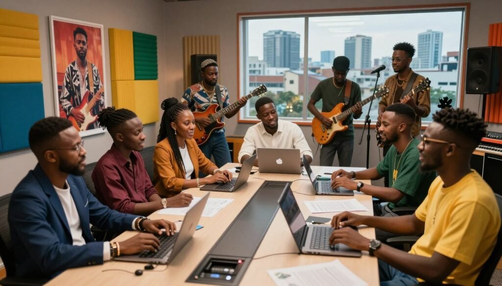 A vibrant scene depicting the Nigerian music industry, showcasing a group of diverse, young African singers and music producers engaged in a dynamic business meeting in a modern studio setting. In the foreground, the artists are dressed in stylish business attire, discussing ideas and strategies around a sleek conference table filled with laptops and music equipment. The middle ground features colorful soundproofing panels, musical instruments, and posters of iconic Nigerian musicians, enhancing the atmosphere of creativity and collaboration. In the background, large windows reveal a bustling Lagos skyline under warm ambient lighting, reflecting the city’s energetic spirit. The mood is optimistic and professional, highlighting the blend of creativity and commerce in the new generation of Nigerian music. The composition is taken from a slightly elevated angle to capture the interaction and excitement within the scene, with a focus on vibrant colors and soft, natural light.