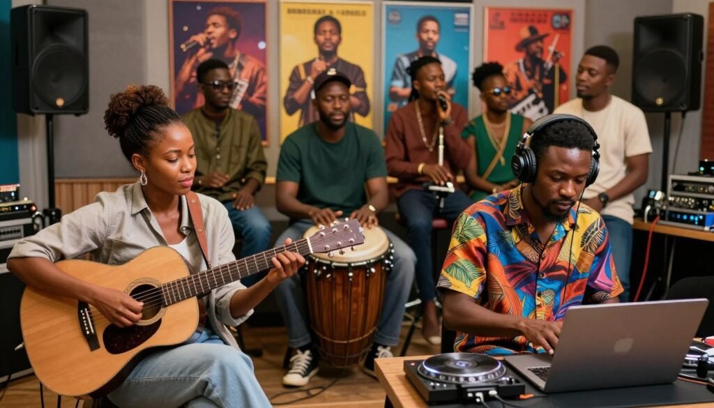A vibrant scene featuring a group of independent Nigerian musicians in a studio setting, each showcasing their unique style and instruments. In the foreground, a female artist passionately playing a guitar, dressed in professional casual attire, with a focused expression. Beside her, a male DJ mixing tracks on a laptop, wearing stylish headphones and a colorful shirt. The middle ground reveals a diverse ensemble of musicians, including a percussionist and a singer, all engaged in a creative collaboration, their faces lit with determination and creativity. The background showcases sound equipment and vivid posters of Nigerian music icons. Soft, warm lighting reflects an inviting atmosphere, emphasizing the energy and resilience of independent creators as they navigate their challenges and seize opportunities in the digital age.
