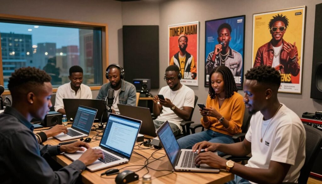 A vibrant scene showcasing the Nigerian music industry, featuring a stylish recording studio in the foreground, where a group of young musicians collaborate passionately. They wear professional business attire and modest casual clothing, engaging with digital platforms on laptops and smartphones to share their music. The middle ground highlights colorful posters of rising Nigerian artists on the walls, symbolizing their global reach. In the background, large windows reveal a city skyline at dusk with ambient lighting, suggesting the hustle and bustle of the music scene. The atmosphere is energetic and hopeful, with soft, warm lighting illuminating the studio, creating an inviting space for creativity and innovation. The angle captures both the musicians’ focus on their work and the vibrant environment surrounding them. A vibrant scene showcasing the Nigerian music industry, featuring a stylish recording studio in the foreground, where a group of young musicians collaborate passionately. They wear professional business attire and modest casual clothing, engaging with digital platforms on laptops and smartphones to share their music. The middle ground highlights colorful posters of rising Nigerian artists on the walls, symbolizing their global reach. In the background, large windows reveal a city skyline at dusk with ambient lighting, suggesting the hustle and bustle of the music scene. The atmosphere is energetic and hopeful, with soft, warm lighting illuminating the studio, creating an inviting space for creativity and innovation. The angle captures both the musicians’ focus on their work and the vibrant environment surrounding them.