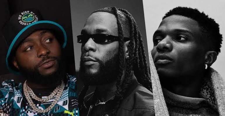 Graphic featuring the 'Big 3' of Afrobeats: Wizkid, Davido, and Burna Boy
