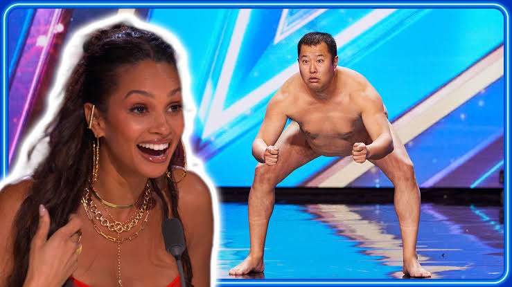 Split photo showing Japanese comedian Tonikaku Akarui Yasumura as a young baseball athlete and performing his viral naked pose routine on Britain's Got Talent.