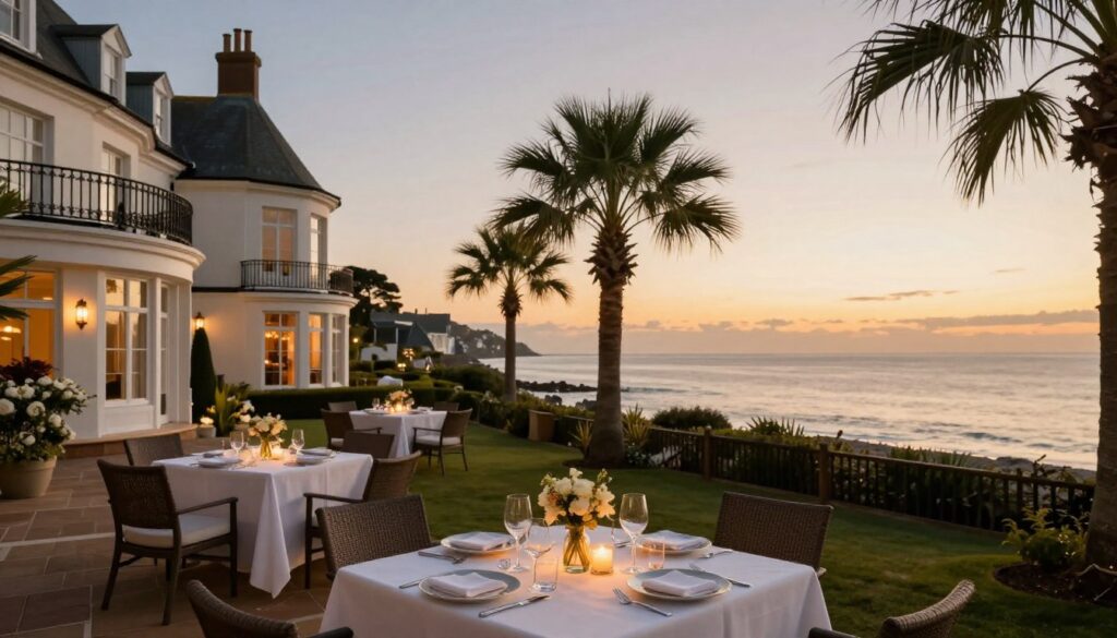 A charming coastal resort in South West England, featuring a luxurious hotel with elegant architecture and romantic balconies overlooking the sea. In the foreground, a beautifully set table with fine dining for two, adorned with candles and flowers, hints at intimacy. The middle ground showcases palm trees swaying gently in the breeze, with soft lounge chairs inviting relaxation. The background is a stunning view of the tranquil ocean, reflecting the warm golden hues of a sunset, casting a soft glow over the scene. The atmosphere is serene and romantic, perfect for a honeymoon getaway, captured with a wide-angle lens to emphasize the beauty of the setting. Gentle, diffused lighting enhances the warmth and inviting feel of the resort, creating an ideal ambiance for couples in love. A charming coastal resort in South West England, featuring a luxurious hotel with elegant architecture and romantic balconies overlooking the sea. In the foreground, a beautifully set table with fine dining for two, adorned with candles and flowers, hints at intimacy. The middle ground showcases palm trees swaying gently in the breeze, with soft lounge chairs inviting relaxation. The background is a stunning view of the tranquil ocean, reflecting the warm golden hues of a sunset, casting a soft glow over the scene. The atmosphere is serene and romantic, perfect for a honeymoon getaway, captured with a wide-angle lens to emphasize the beauty of the setting. Gentle, diffused lighting enhances the warmth and inviting feel of the resort, creating an ideal ambiance for couples in love.
