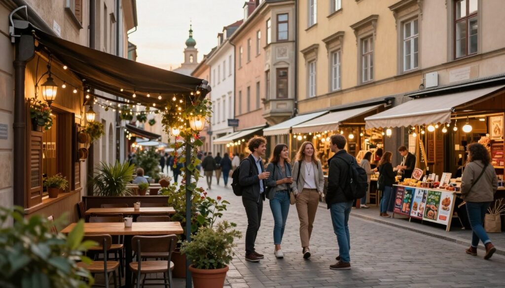 A cozy European street scene showcasing charming, budget-friendly accommodations in a picturesque setting. In the foreground, a modest yet inviting hostel with welcoming outdoor seating filled with plants and twinkling fairy lights. The middle ground features happy travelers in professional casual attire conversing and exploring a historic market nearby, surrounded by colorful storefronts and local vendors. The background reveals stunning European architecture, with a hint of a famous landmark peeking through, bathed in warm, golden hour sunlight. The atmosphere is lively and inviting, capturing the spirit of affordable yet memorable travel experiences. The composition should have a slightly blurred background to create depth, focusing on the interactions and ambiance of budget travel in Europe.