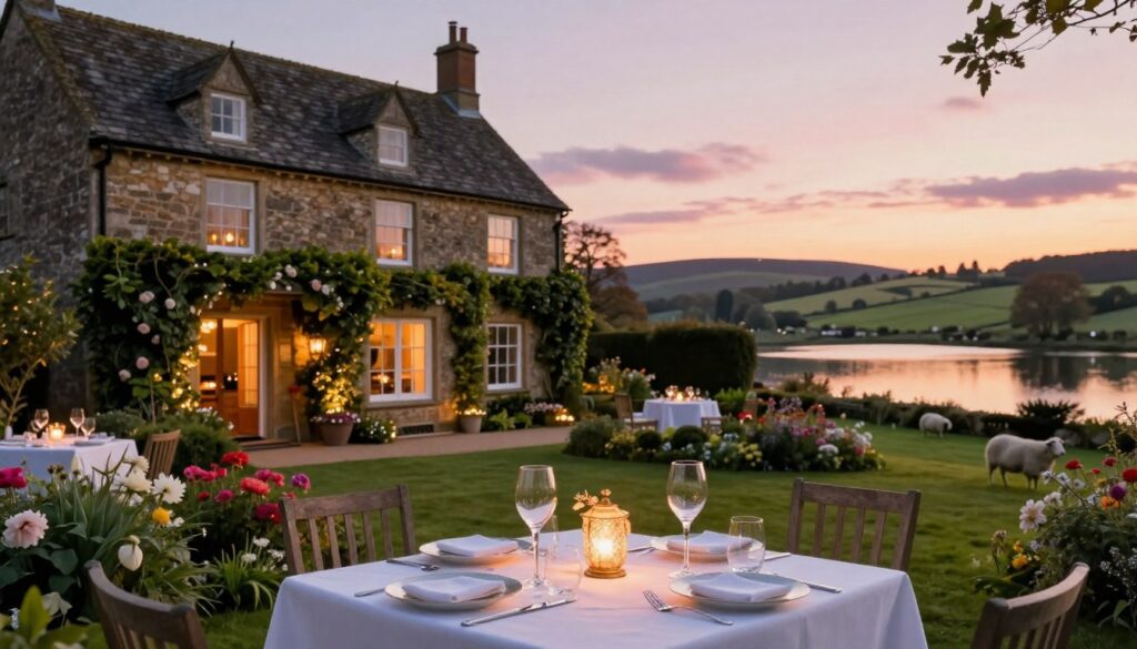 A luxurious honeymoon hotel nestled in the picturesque countryside of the UK, featuring an elegant façade adorned with climbing ivy and blooming flowers. In the foreground, a beautifully set table for two with fine china and sparkling wine glasses, creating an intimate dining experience. The mid-ground showcases a charming garden with soft, romantic lighting that glows during the golden hour, enhancing the warm atmosphere. In the background, a tranquil lake reflects the pastel colors of a sunset, with rolling hills dotted with sheep. A soft focus effect adds a dreamy quality to the scene, evoking a sense of romance and tranquility. The overall mood is serene and inviting, perfect for couples on a romantic getaway. A luxurious honeymoon hotel nestled in the picturesque countryside of the UK, featuring an elegant façade adorned with climbing ivy and blooming flowers. In the foreground, a beautifully set table for two with fine china and sparkling wine glasses, creating an intimate dining experience. The mid-ground showcases a charming garden with soft, romantic lighting that glows during the golden hour, enhancing the warm atmosphere. In the background, a tranquil lake reflects the pastel colors of a sunset, with rolling hills dotted with sheep. A soft focus effect adds a dreamy quality to the scene, evoking a sense of romance and tranquility. The overall mood is serene and inviting, perfect for couples on a romantic getaway.