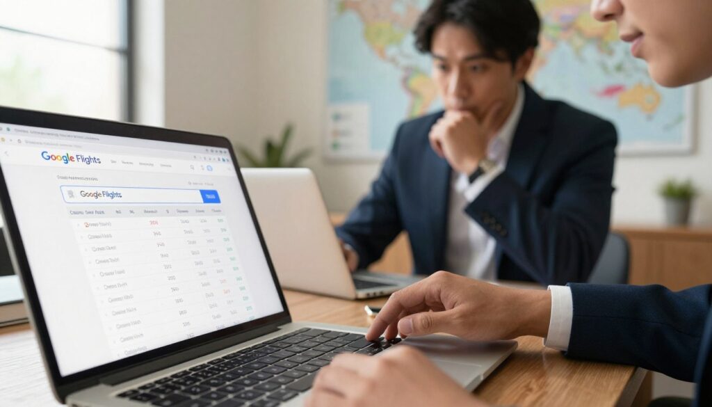 A person in professional business attire, focused on a laptop displaying the Google Flights interface, surrounded by flight search tools on the screen. In the foreground, a close-up of the laptop keys and search results showing various cheap flight options. The middle ground features the user, a person analyzing the prices and dates, with a thoughtful expression. The background includes a warm, inviting workspace with a map and travel guides, with soft, natural light coming from a window. Capture a mood of excitement and anticipation for travel, with a slight bokeh effect to emphasize the subject. Use a wide-angle lens to create depth and focus on the subject’s engagement with the task at hand.