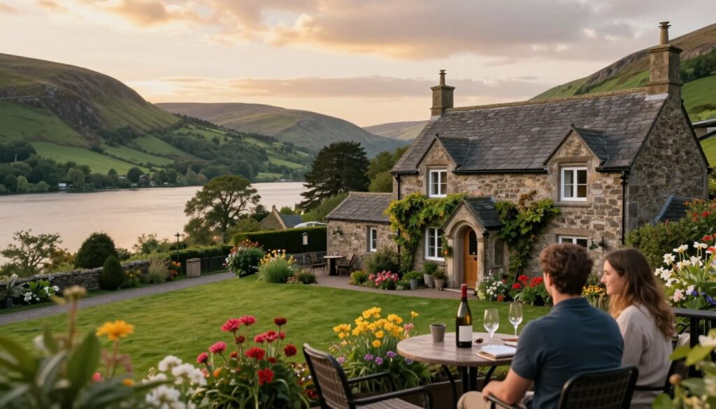 A picturesque view of a romantic hotel in Northern England, set against a backdrop of lush green hills and a serene lake. In the foreground, a cozy outdoor terrace with a small table adorned with a bottle of wine and two glasses, inviting couples to relax. The middle ground features a charming stone cottage with ivy climbing up the walls, surrounded by vibrant flower beds. The background showcases a sweeping view of rolling hills under a soft golden sunset sky, casting warm, romantic lighting over the scene. The atmosphere is tranquil and intimate, perfect for couples seeking a getaway. The image is framed to highlight the inviting details, simulating a soft focus effect with a wide-angle lens for depth. A picturesque view of a romantic hotel in Northern England, set against a backdrop of lush green hills and a serene lake. In the foreground, a cozy outdoor terrace with a small table adorned with a bottle of wine and two glasses, inviting couples to relax. The middle ground features a charming stone cottage with ivy climbing up the walls, surrounded by vibrant flower beds. The background showcases a sweeping view of rolling hills under a soft golden sunset sky, casting warm, romantic lighting over the scene. The atmosphere is tranquil and intimate, perfect for couples seeking a getaway. The image is framed to highlight the inviting details, simulating a soft focus effect with a wide-angle lens for depth.