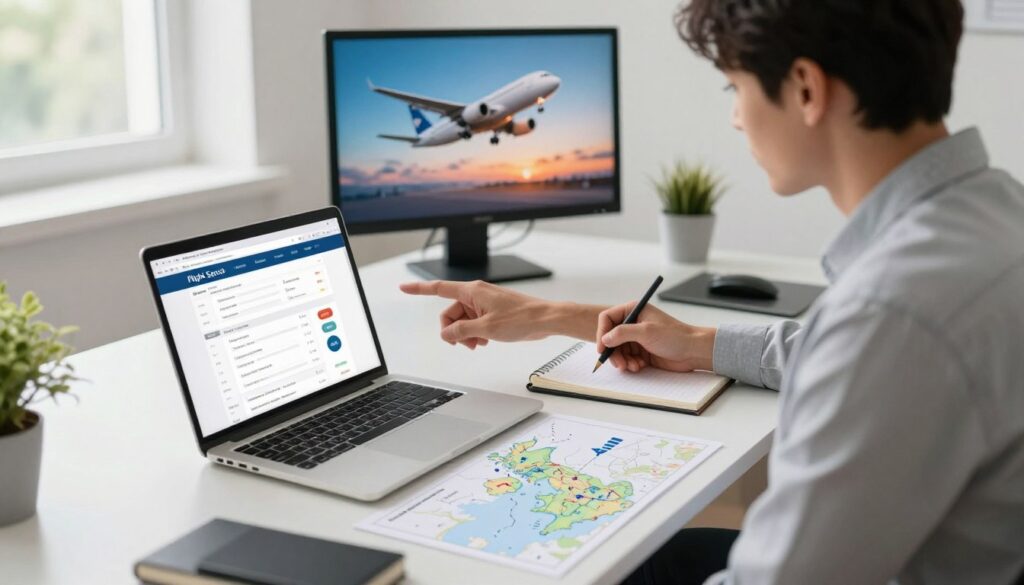 A serene, professional office environment, with a large desk in the foreground covered with a laptop displaying a flight search website. A map of the UK with nearby airports marked is spread out beside the laptop. In the middle, a focused individual, dressed in smart casual attire, eagerly analyzes the screen, jotting down notes on a notepad. A wall-mounted monitor in the background shows a vibrant image of an airplane taking off, signifying travel opportunities. Soft, natural light streams in from a window, creating a welcoming atmosphere. The overall mood is one of exploration and smart decision-making, inviting viewers to discover affordable travel options. The angle is slightly elevated, providing a comprehensive view of the workspace and emphasizing engagement with flight search tools.