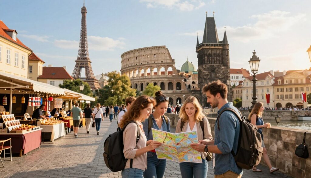 A serene travel-themed composition illustrating the best budget-friendly European countries to visit from the UK, capturing iconic landmarks such as the Eiffel Tower, Colosseum, and Prague's Charles Bridge in the background, set against a soft blue sky. In the foreground, a diverse group of travelers in modest casual clothing, enthusiastically examining a colorful travel map. The middle ground features picturesque streets lined with charming cafes and vibrant market stalls, showcasing local delicacies and affordable souvenirs. The lighting is warm and inviting, suggesting a late afternoon sun with soft shadows, emphasizing a friendly and approachable atmosphere. The angle is slightly elevated, providing a panoramic view that captures both the bustling local life and the beautiful architecture, inviting viewers to imagine their own affordable adventure in Europe.