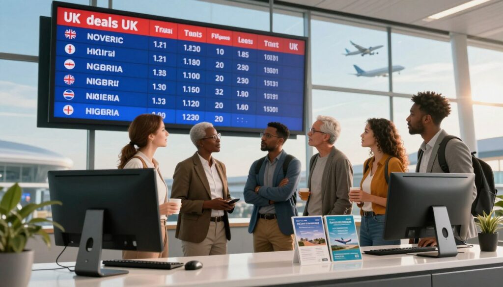 A vibrant and inviting scene of a digital display board at an airport showcasing various flight deals to the UK. In the foreground, a stylish, modern travel agency environment featuring a sleek desk with a computer and brochures about flights from Nigeria to the UK. The middle ground highlights a diverse group of travelers, dressed in professional business attire and modest casual clothing, looking at the display with excitement. The background includes large windows revealing an airplane taking off against a blue sky, with gentle sunlight streaming in to create a warm and optimistic atmosphere. The overall mood is one of anticipation and opportunity, encouraging viewers to seek out the best deals on flights.
