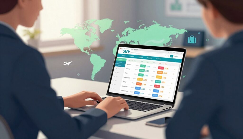 A vibrant digital illustration featuring a person in professional business attire, seated at a modern desk with a laptop open to a flight search website. The foreground displays the laptop screen showing a colorful display of flight options, with various enticing prices highlighted. In the middle ground, a world map and travel-related icons (like airplanes and suitcases) are softly visible. The background features a cozy office space with sunlight streaming in through a window, casting a warm glow across the scene. The atmosphere is one of focused determination, emphasizing the importance of evaluating beyond just the headline price, with calming blues and greens to suggest a sense of exploration and opportunity. The composition should be dynamic, with a slight perspective angle to engage the viewer’s attention.