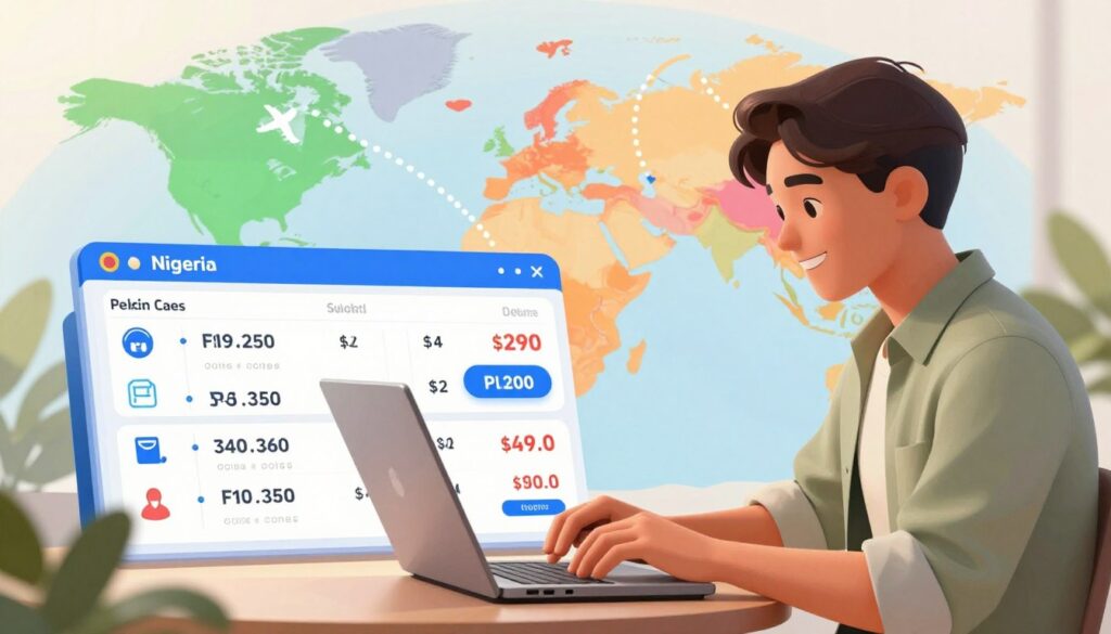 A vibrant digital illustration showcasing a modern travel scene focused on finding the best flight deals from Nigeria to the UK. In the foreground, a friendly, professional-looking individual, a traveler in modest casual attire, is intently checking flight prices on a sleek laptop. The middle ground features a visually appealing layout of flight prices and alerts popping up on the screen, with icons representing deals and discounts. In the background, a colorful world map highlights Nigeria and the UK with flight paths indicated by dotted lines. Soft, warm lighting creates a welcoming atmosphere, evoking excitement and anticipation for travel. The image captures a sense of optimism and adventure, making it perfect for illustrating tips on securing cheap flight offers.