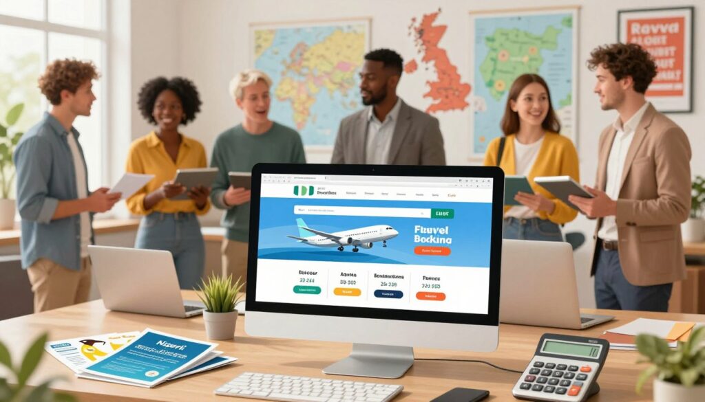 A vibrant, eye-catching illustration showcasing flight promotions from Nigeria to the UK. In the foreground, a computer screen displays a detailed travel booking website featuring enticing flight deals, with images of airplanes and prices. Surrounding the screen, a laptop, travel brochures, and a calculator symbolize careful planning. The middle ground features a diverse group of professional travelers, dressed in business attire and modest casual clothing, discussing travel options enthusiastically. In the background, a serene office space with maps of Nigeria and the UK on the walls, alongside motivational travel posters, sets a determined atmosphere. Natural lighting filters through a window, creating a warm ambiance. The overall mood conveys a sense of excitement and opportunity as people seek affordable travel options.