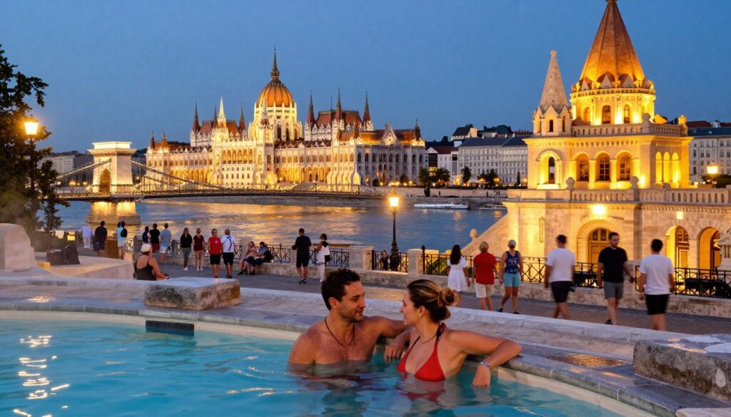 A vibrant scene capturing the essence of Budapest, Hungary, showcasing its rich culture and vibrant nightlife. In the foreground, a couple in modest casual clothing enjoys a thermal bath surrounded by historic architecture, with the stunning Széchenyi Thermal Bath in the background, illuminated by warm, golden lights at dusk. The middle ground features people strolling along the Danube River, enjoying a scenic view of the iconic Chain Bridge and the Buda Castle, elegantly lit against the twilight sky. The mood is lively yet relaxed, conveying a sense of affordable adventure. The image should be taken at eye level with a wide-angle lens to encapsulate the beauty of this historic city, emphasizing its inviting atmosphere and cultural vitality.