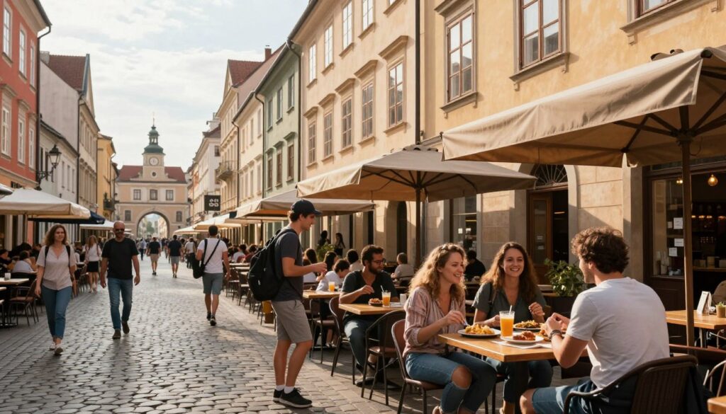 A vibrant street scene depicting affordable travel destinations in Europe, showcasing quaint cobblestone streets lined with charming cafés and local markets. In the foreground, a diverse group of travelers in modest casual clothing enjoys regional street food from a vendor, smiling and interacting. The middle ground features picturesque buildings with colorful facades and outdoor seating under sunlit skies, inviting visitors to explore. In the background, iconic European landmarks like a simple archway or clock tower hint at local culture. Soft morning light filters through the scene, creating a warm, welcoming atmosphere, with a focus on the shared joy of travel and discovery on a budget. The angle captures the bustle of everyday life, emphasizing an inviting and budget-friendly European experience.