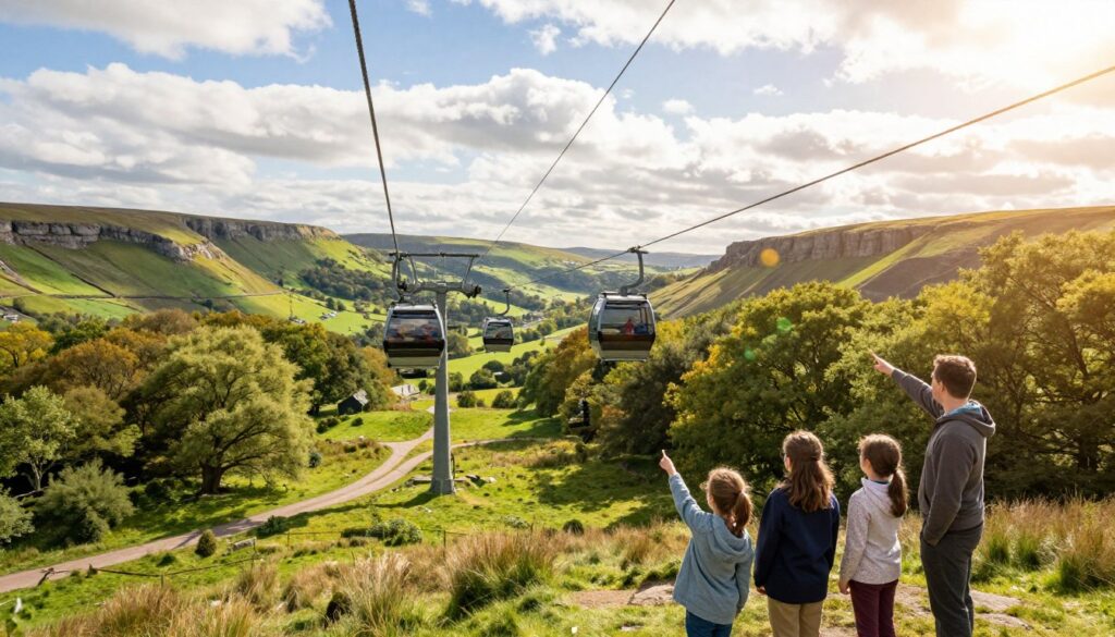 A scenic view of the Heights of Abraham in Derbyshire, England, showcasing the stunning cable car rides soaring above lush green valleys and the historic landscape. In the foreground, include a family of four in modest casual clothing enjoying the breathtaking scenery, pointing towards the cable cars. The middle section captures the cable cars making their ascent, framed by vibrant trees and a picturesque hiking trail. The background features the rolling hills and dramatic cliffs typical of the area, under a blue sky dotted with soft, fluffy clouds. The image should be illuminated by warm, natural sunlight, creating a cheerful and inviting atmosphere, with a slight lens flare to enhance the feeling of adventure. A scenic view of the Heights of Abraham in Derbyshire, England, showcasing the stunning cable car rides soaring above lush green valleys and the historic landscape. In the foreground, include a family of four in modest casual clothing enjoying the breathtaking scenery, pointing towards the cable cars. The middle section captures the cable cars making their ascent, framed by vibrant trees and a picturesque hiking trail. The background features the rolling hills and dramatic cliffs typical of the area, under a blue sky dotted with soft, fluffy clouds. The image should be illuminated by warm, natural sunlight, creating a cheerful and inviting atmosphere, with a slight lens flare to enhance the feeling of adventure.