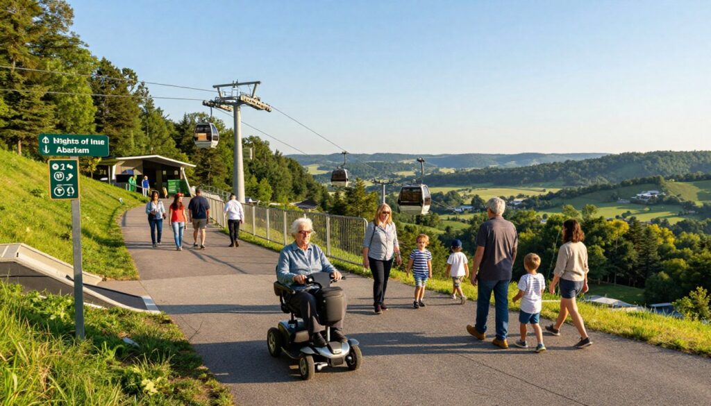 a visually engaging scene depicting the accessibility features at the Heights of Abraham, showcasing a gently sloping path designed for mobility, with clearly marked signs and ramps. In the foreground, a diverse group of visitors, including an elderly person using a mobility scooter and families with young children, are enjoying the surroundings dressed in casual yet tidy attire. The middle ground includes a cable car in operation, combining modern construction with the scenic backdrop of lush green hills and panoramic views of the surrounding valley. The background features a clear blue sky, illuminated by warm sunlight, creating a welcoming and inviting atmosphere. The angle should be slightly elevated to capture both the accessibility elements and the stunning landscape, enhancing the sense of exploration and adventure. a visually engaging scene depicting the accessibility features at the Heights of Abraham, showcasing a gently sloping path designed for mobility, with clearly marked signs and ramps. In the foreground, a diverse group of visitors, including an elderly person using a mobility scooter and families with young children, are enjoying the surroundings dressed in casual yet tidy attire. The middle ground includes a cable car in operation, combining modern construction with the scenic backdrop of lush green hills and panoramic views of the surrounding valley. The background features a clear blue sky, illuminated by warm sunlight, creating a welcoming and inviting atmosphere. The angle should be slightly elevated to capture both the accessibility elements and the stunning landscape, enhancing the sense of exploration and adventure.